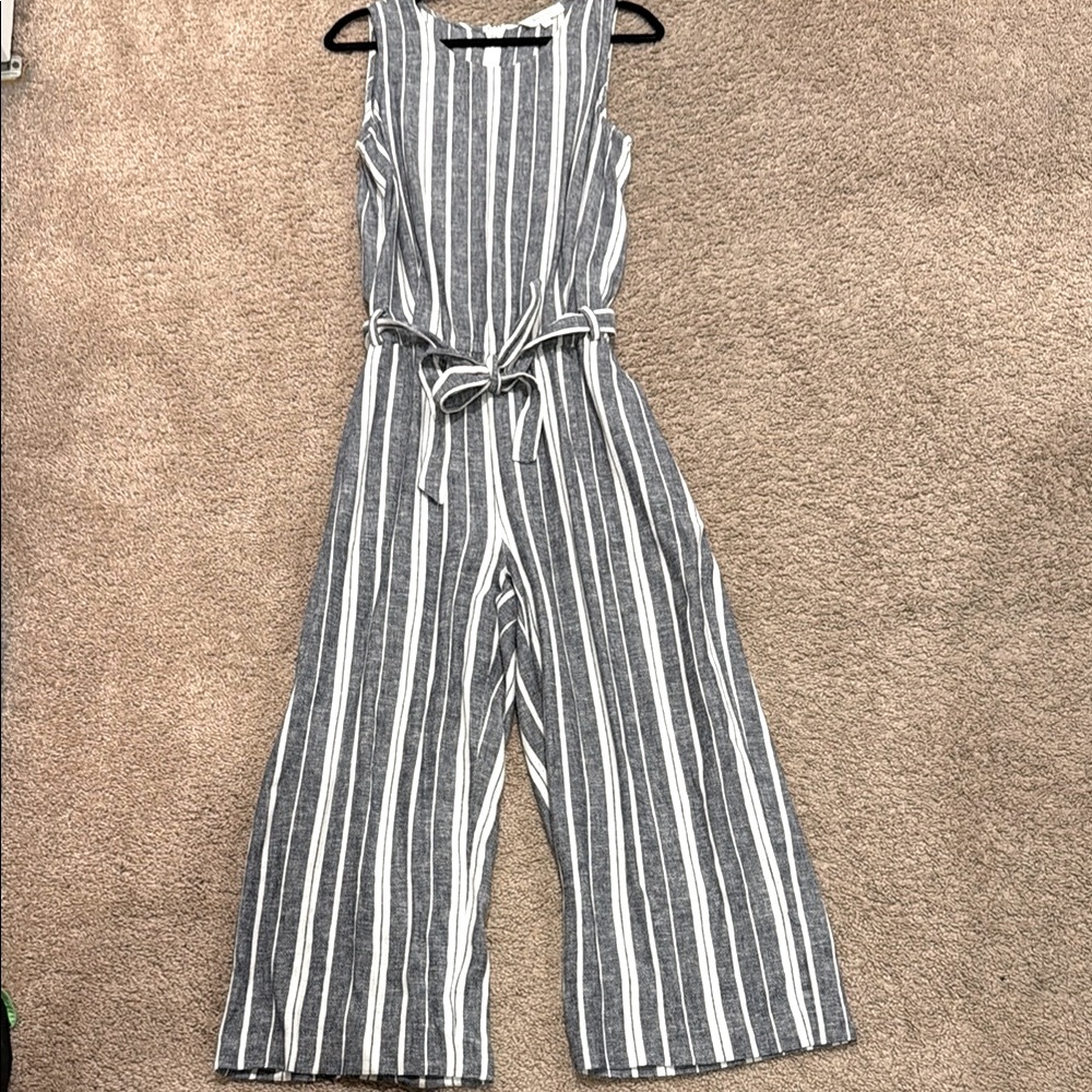 Blue/White Striped Sleeveless Linen Jumpsuit - Size M